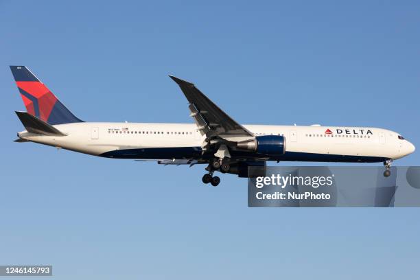 Delta Airlines Boeing 767 landing at London Heathrow Airport, Hounslow, United Kingdom Wednesday 14th December 2022.