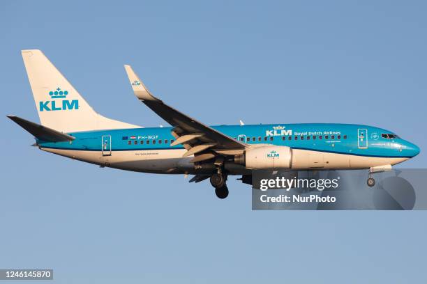 An KLM Royal Dutch Airlines Boeing 737 landing at London Heathrow Airport, Hounslow, United Kingdom Wednesday 14th December 2022.