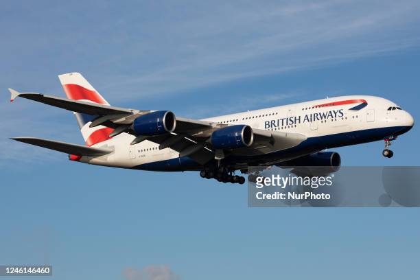 British Airways Airbus A380 landing at London Heathrow Airport, Hounslow, United Kingdom Wednesday 14th December 2022.