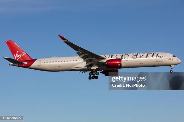 Virgin Atlantic Airbus A350 landing at London Heathrow Airport, Hounslow, United Kingdom Wednesday 14th December 2022.