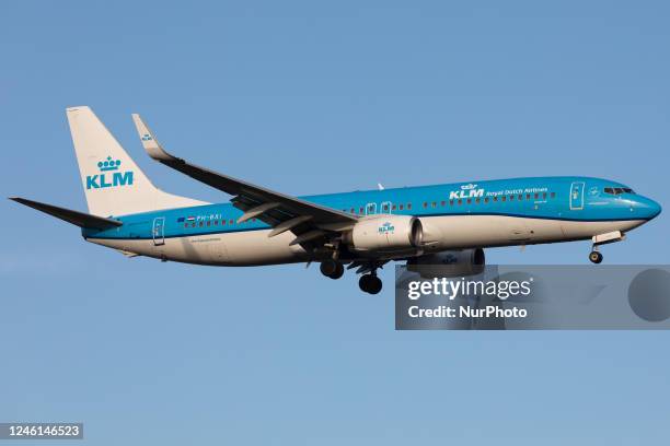 An KLM Royal Dutch Airlines Boeing 737 landing at London Heathrow Airport, Hounslow, United Kingdom Wednesday 14th December 2022.