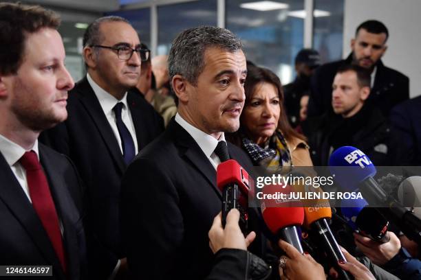 French Interior Minister Gerald Darmanin talks to the press next to Junior Minister for Transports Clement Beaune , Paris' Mayor Anne Hidalgo and...