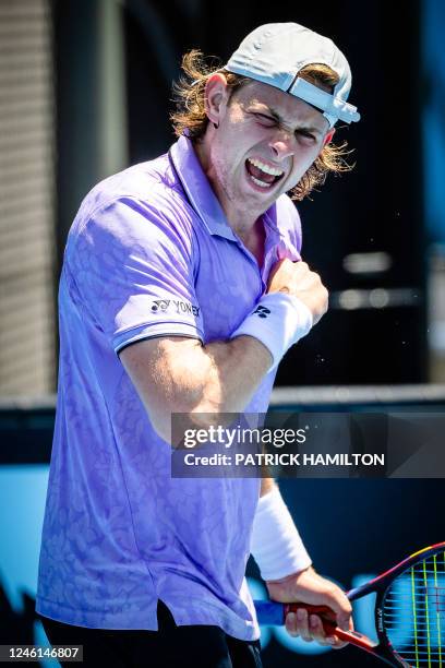 Belgian Zizou Bergs reacts during a tennis game against Chilean Barrios Vera, in the second round of the men's qualifications for the 'Australian...