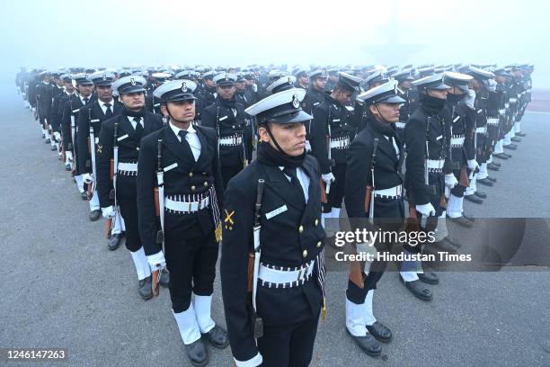 Indian Navy personnel seen practicing for upcoming Republic Day Parade amid Heavy smog in early hours of morning resulting in low visibility at Vijay...