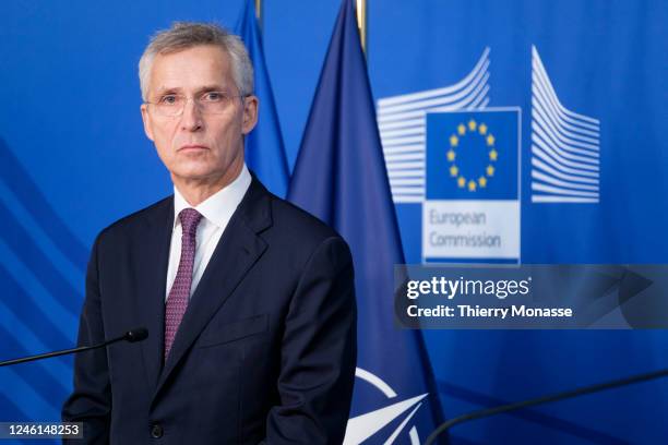 General Secretary Jens Stoltenberg is talking to media prior an EU Commission NATO college Seminar in the Maison de la Poste at 'Tour et Taxis' on...