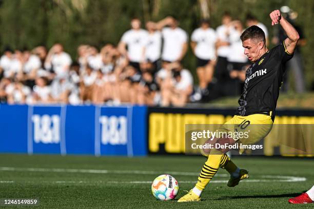 Thorgan Hazard of Borussia Dortmund controls the Ball during the friendly match between Borussia Dortmund and Fortuna Düsseldorf on January 10, 2023...