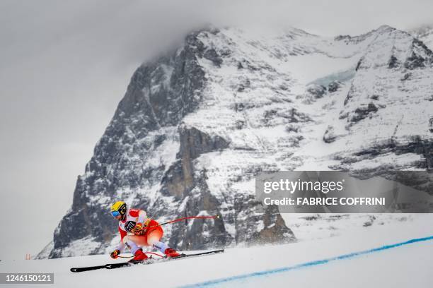 Switzerland's Niels Hintermann competes to clock the best time in the second training of the Men's downhill event during the FIS Alpine Ski World Cup...