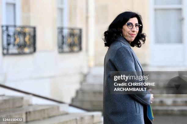French Culture Minister Rima Abdul-Malak leaves the Elysee presidential palace after attending the weekly cabinet meeting in Paris on January 11,...