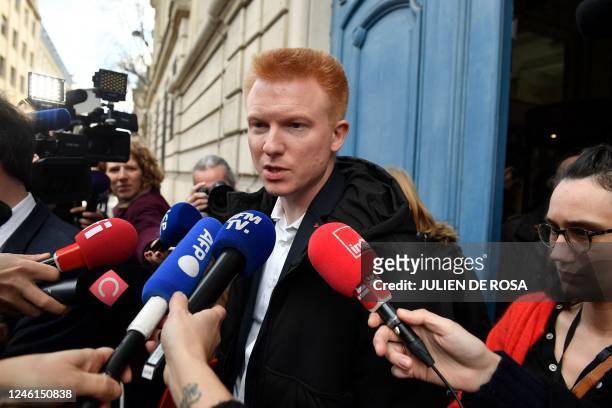 Member of Parliament of La France Insoumise left wing party Adrien Quatennens talks to the press as he leaves an annex building of the National...