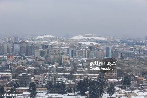 An aerial view of the city of Kabul after the heaviest snowfall of the year, in Afghanistan on January 11, 2023. The snowfall continued from early...