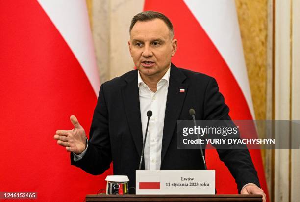 Polish President Andrzej Duda speaks during a press conference in the western Ukrainian city of Lviv on January 11 amid Russian invasion of Ukraine.