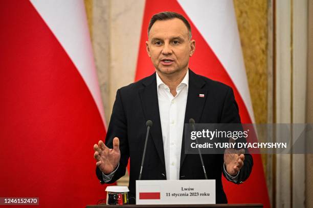 Polish President Andrzej Duda speaks during a press conference in the western Ukrainian city of Lviv on January 11 amid the Russian invasion of...