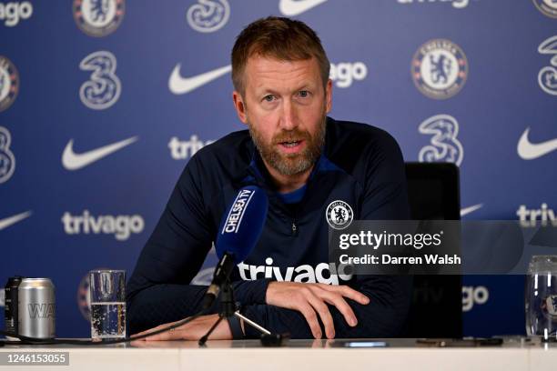 Head Coach Graham Potter of Chelsea attends a press conference at Chelsea Training Ground on January 11, 2023 in Cobham, England.