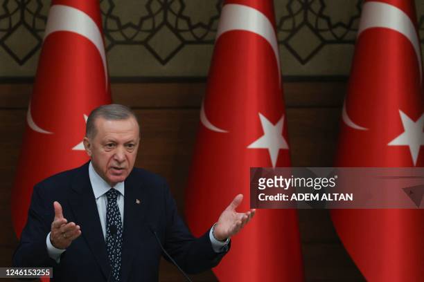 Turkish President Recep Tayyip Erdogan delivers a speech at the International Ombudsman Conference at the presidential complex in Ankara, Turkey, on...
