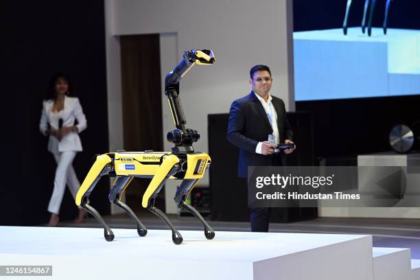 Boston Dynamics popular robot Spot made its India debut during the launch of Hyundai Ioniq 5 EV at the Auto Expo 2023 on January 11, 2023 in Greater...