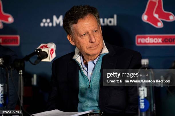 Chairman Tom Werner of the Boston Red Sox speaks during a press conference announcing the contract extension for Rafael Devers on January 11, 2023 at...