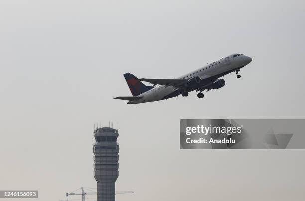 Plane takes off after flights throughout US resume following technical glitch in Washington D.C., United States on January 11, 2023.