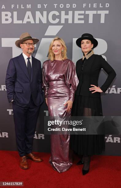 Todd Field, Cate Blanchett and Nina Hoss attend the UK Premiere of "TÁR" at Picturehouse Central on January 11, 2023 in London, England.