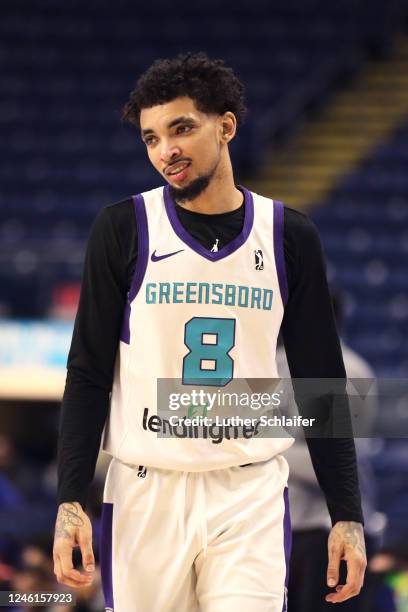 James Bouknight of the Greensboro Swarm looks on during the game against the Westchester Knicks on January 10, 2023 in Bridgeport, CT. NOTE TO USER:...