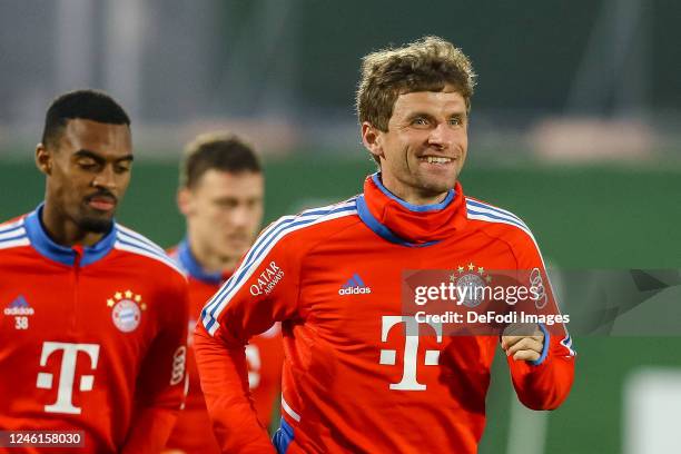 Thomas Mueller of Bayern Muenchen looks on during the fifth day of the FC Bayern München Doha Training Camp on January 11, 2023 in Doha, Qatar.