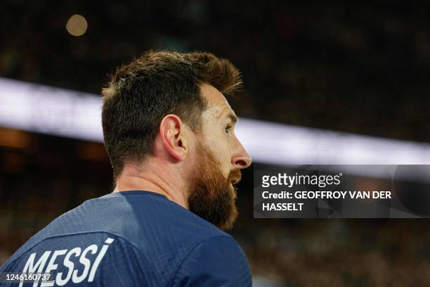 Paris Saint-Germain's Argentine forward Lionel Messi looks on during the French L1 football match between Paris Saint-Germain and SCO Angers at The...