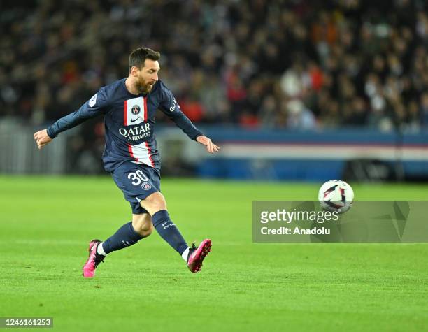 Lionel Messi of Paris Saint - Germain in action during the French Ligue 1 soccer match between Paris Saint-Germain and Angers SCO at Parc des Princes...