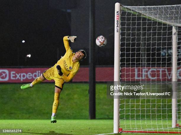 Goalkeeper Lucas Lavallee of Paris Saint-Germain can't keep out a long distance shot by Billy Koumetio of Liverpool for Koumetio to score Liverpool's...