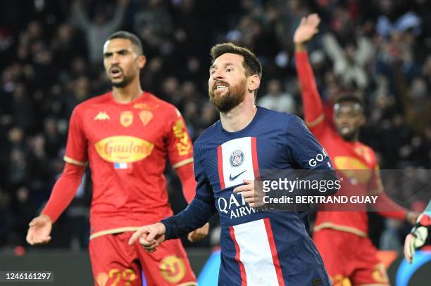 Paris Saint-Germain's Argentine forward Lionel Messi celebrates scoring his team's second goal during the French L1 football match between Paris...