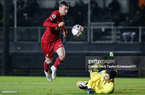Mateusz Musialowski of Liverpool and Lucas Lavallee of Paris Saint-Germain in action during the Premier League International Cup at AXA Training...