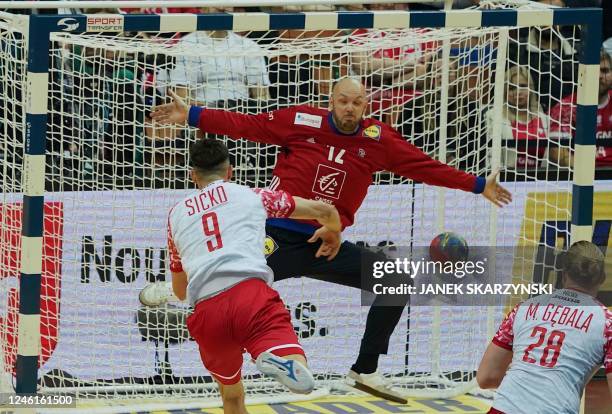 Poland's left back Szymon Sicko shoots towards France's goalkeeper Vincent Gerard's goal during the Men's IHF World Handball Championship Group B...