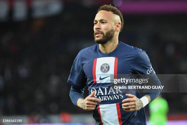 Paris Saint-Germain's Brazilian forward Neymar reacts during the French L1 football match between Paris Saint-Germain and SCO Angers at The Parc des...