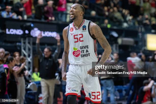 Jordan McRae of Hapoel Tel Aviv celebrates win the EuroCup match between London Lions and Hapoel Tel Aviv at OVO Arena Wembley on January 11, 2023 in...