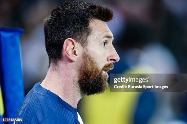 Lionel Messi of Paris Saint Germain looks on during the Ligue 1 match between Paris Saint-Germain and Angers SCO at Parc des Princes on January 11,...