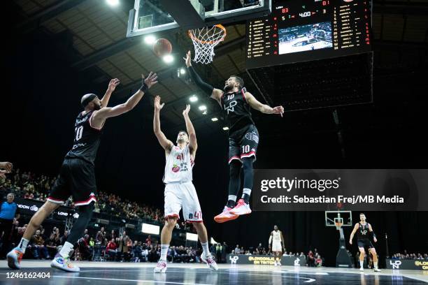 Josh Sharma, Luke Nelson of London Lions and Tomer Ginat of Hapoel Tel Aviv in action during the EuroCup match between London Lions and Hapoel Tel...