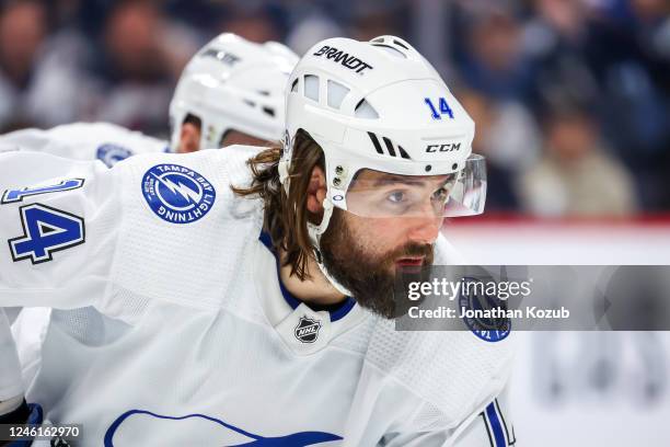 Pat Maroon of the Tampa Bay Lightning prepares for a second period face-off against the Winnipeg Jets at Canada Life Centre on January 06, 2023 in...