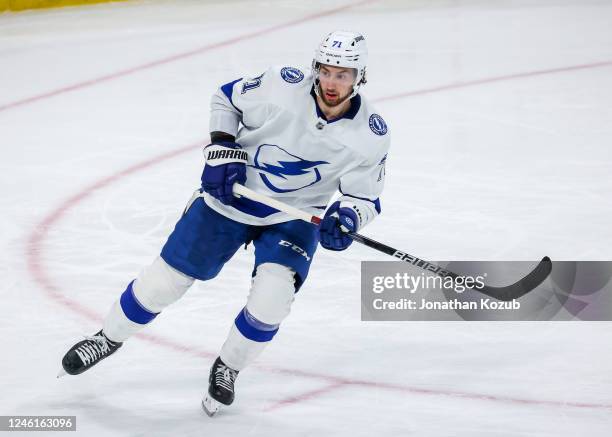 Anthony Cirelli of the Tampa Bay Lightning skates during third period action against the Winnipeg Jets at Canada Life Centre on January 06, 2023 in...