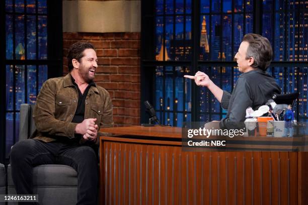 Episode 1375 -- Pictured: Actor Gerard Butler during an interview with host Seth Meyers on January 11, 2023 --