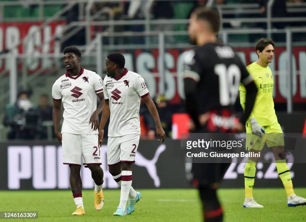 Michel Ndary Adopo of Torino FC 1906 celebrates with his teammate Brian Jephte Bayeye after scoring the opening goal during the Coppa Italia...