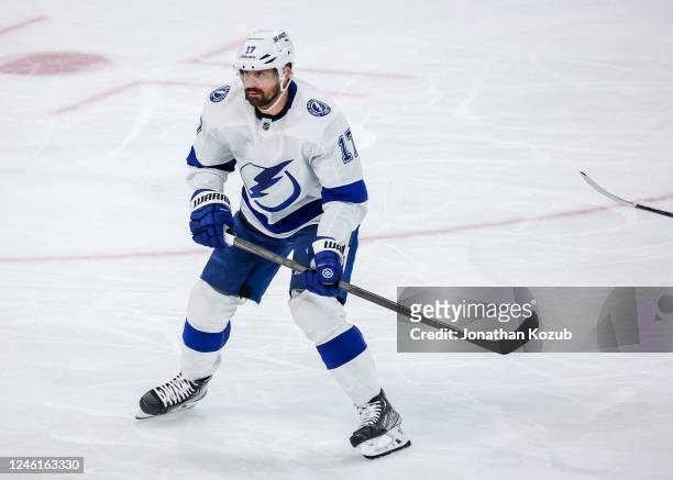 Alex Killorn of the Tampa Bay Lightning skates during third period action against the Winnipeg Jets at Canada Life Centre on January 06, 2023 in...