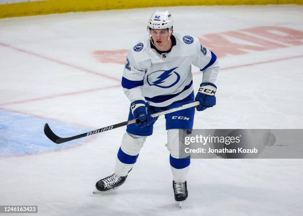 Cal Foote of the Tampa Bay Lightning skates during third period action against the Winnipeg Jets at Canada Life Centre on January 06, 2023 in...