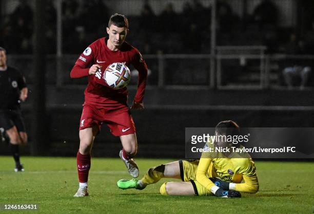 Matuesz Musialowski of Liverpool and Lucas Lavallee of Paris Saint-Germain in action during the Premier League International Cup at AXA Training...