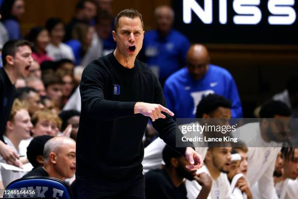 Head coach Jon Scheyer of the Duke Blue Devils reacts during their game against the Pittsburgh Panthers during the first half at Cameron Indoor...