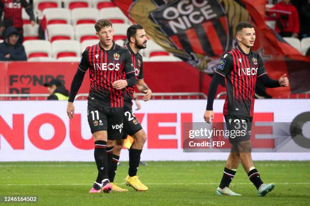 Badredine BOUANANI - 24 Gaetan LABORDE - 11 Ross BARKLEY during the Ligue 1 Uber Eats match between OGC Nice and Montpellier Herault SC at Allianz...