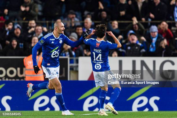 Sanjin Prcic of RC Strasbourg celebrating his goal with his teammate Ludovic Ajorque of RC Strasbourg during the Ligue 1 match between RC Strasbourg...