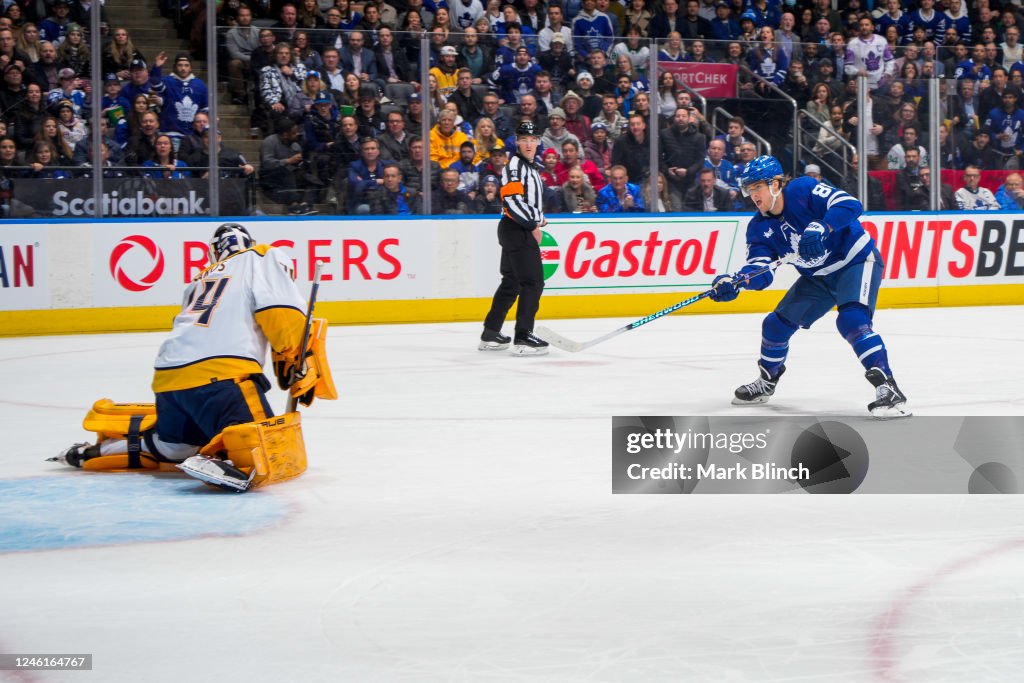 Toronto Predators William Nylander of the Toronto Maple Leafs shoots against Juuse ...