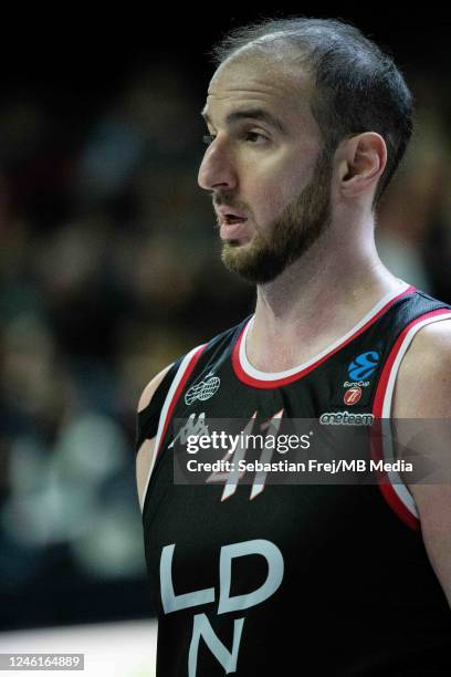 Kosta Koufos of London Lions looks on during the EuroCup match between London Lions and Hapoel Tel Aviv at OVO Arena Wembley on January 11, 2023 in...