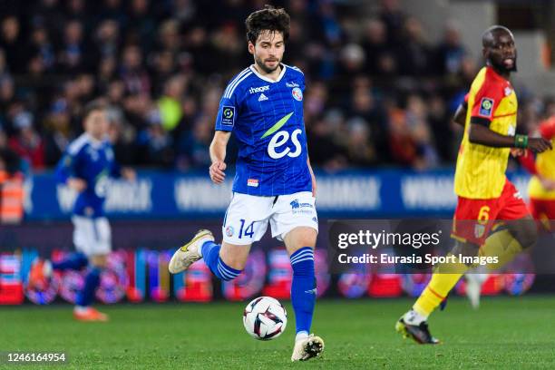 Sanjin Prcic of RC Strasbourg looks to pass the ball during the Ligue 1 match between RC Strasbourg and RC Lens at Stade de la Meinau on January 11,...