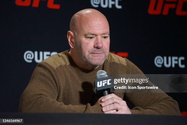 Dana White speaks to the media at the UFC Vegas 67 media day for the first time since he was caught slapping is wife on New Years Eve. January 11 at...