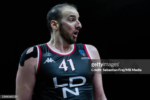 Kosta Koufos of London Lions looks on during the EuroCup match between London Lions and Hapoel Tel Aviv at OVO Arena Wembley on January 11, 2023 in...