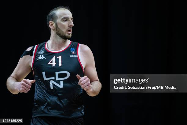 Kosta Koufos of London Lions looks on during the EuroCup match between London Lions and Hapoel Tel Aviv at OVO Arena Wembley on January 11, 2023 in...